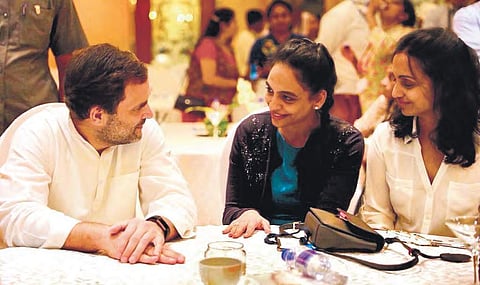 AICC president Rahul Gandhi interacting with industrialists and entrepreneurs at Hotel Taj Krishna in Hyderabad on Tuesday | Express Photo