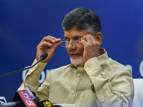 Andhra Pradesh Chief Minister N Chandrababu Naidu addressing a press conference in New Delhi. (Photo | PTI)