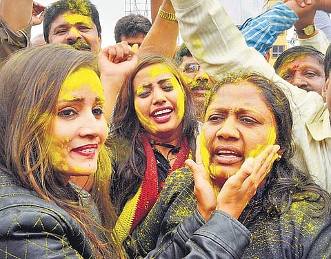Women celebrate at Chennamma Circle in Hubballi after the verdict | D HEMANTH
