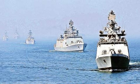 A fleet of warships sailing during the ‘Day at Sea’ programme organised by the Indian Navy in Vizag. (Photo | ENS)