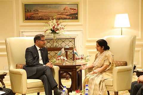 Pakistan interim Law Minister Syed Ali Zafar with External Affairs Minister Sushma Swaraj. (Photo | @MEAIndia/ Twitter)