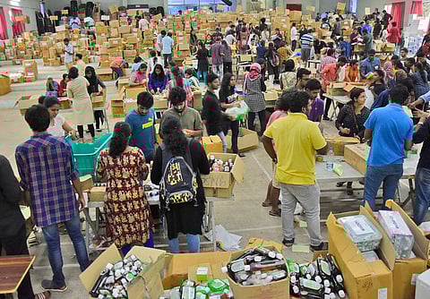 Relief materials collected at the collection centre opened at the Government Women's College in Thiruvananthapuram (EPS | BP Deepu)