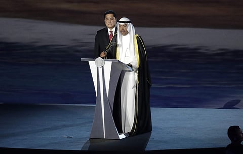 President of the Olympic Council of Asia His Excellency Sheikh Fahad Al-Sabah addresses the audience during the opening ceremony for the 18th Asian Games in the Gelora Bung Karno Stadium, Jakarta. (Photo | AP)