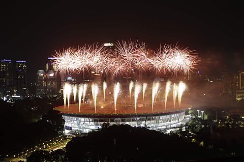 Fireworks explode over the main stadium during the opening ceremony for the 18th Asian Games in Jakarta, Indonesia. (Photo | AP)