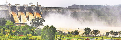 Water gushing out of the crest gates from Harangi dam in Kodagu district on Friday | udayashankar s