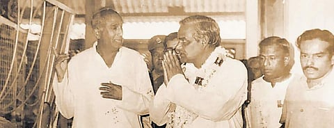 Atal Bihari Vajpayee during his visit to the Shanishwara temple in Pavagada town