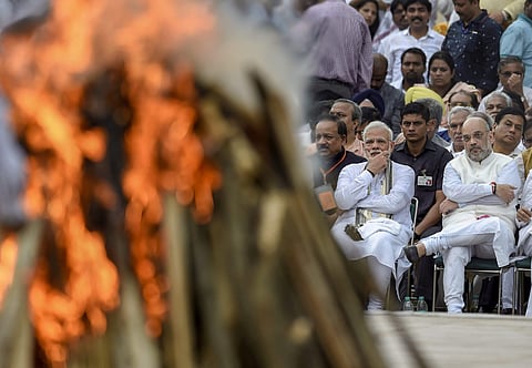 Prime Minister Narendra Modi, BJP President Amit Shah and other dignitaries during the cremation of former prime minister Atal Bihari Vajpayee with full state honour in New Delhi. (Photo | PTI)