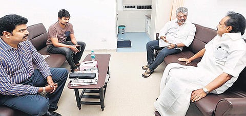 Actor Ajith enquires about M Karunanidhi’s health at Kauvery Hospital with MK Stalin on Wednesday;