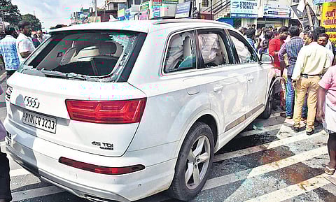 The SUV involved in the accident at Sunbdarapuram in Coimbatore on Wednesday; (inset) mangled remains of the auto that was hit by the car | Express