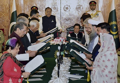 The new cabinet of Pakistan PM Imran Khan during the swearing-in ceremony. (Photo | PTI)