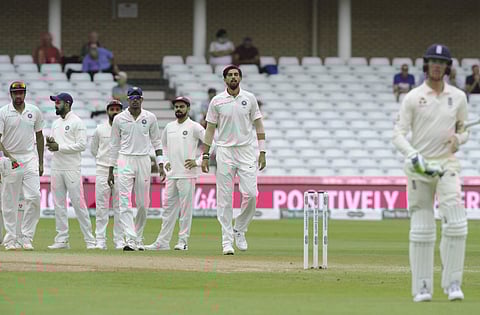 India's Ishant Sharma, second right, celebrates with teammates the dismissal of England's Keaton Jennings, right, during the fourth day of the third cricket test match between England and India at Trent Bridge in Nottingham. (Photo | AP)