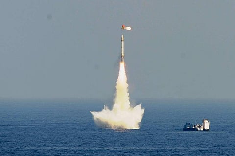Submarine launched ballistic missile B-05 being test fired. (Photo | DRDO)