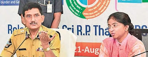 DGP R P Thakur along with the founder of Prajwala addressing media | Express