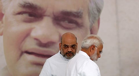 Prime minister Narendra Modi and BJP President Amit Shah during the distribution of Asthi Kalash of Former PM Late Atal Bihari Vajpayee to all the State Presidents in New Delhi on Wednesday. (Photo | EPS/Shekhar Yadav)