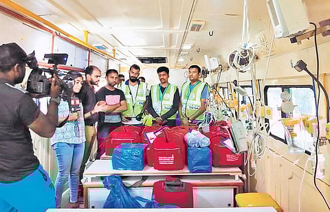 The inside of the KSRTC bus-ambulance which has been sent to Kerala to transport victims en masse