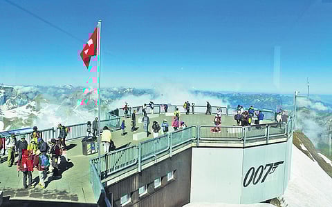 A panoramic view from the top of Mount Schilthorn; walk of fame