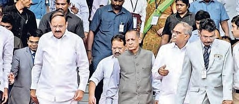 Vice President M Venkaiah Naidu and Governor ESL Narasimhan during convocation of School of Planning and Architecture in Vijayawada on Thursday | Express
