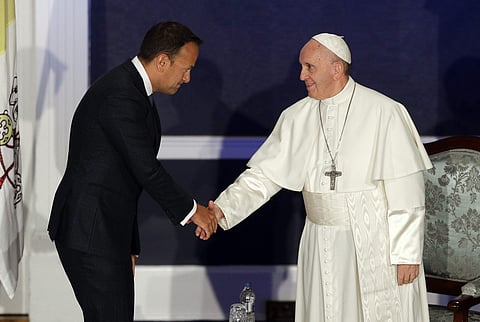 Pope Francis shakes hands with Irish Prime Minister Leo Varadkar as they meet, in Dublin, Ireland, Saturday, Aug. 25, 2018. Pope Francis is on a two-day visit to Ireland. (Photo | AP)
