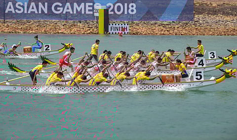 Participants compete in the men's canoe TBR 200m race at the 18th Asian Games 2018 at Palembang. (Photo | PTI)