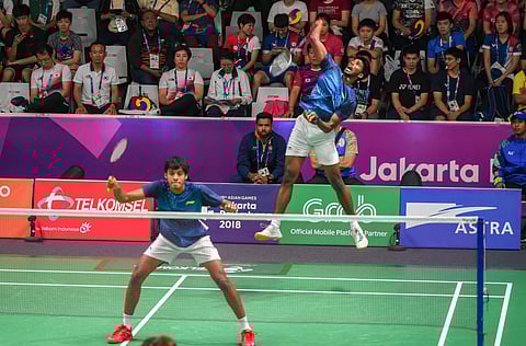 Indian batminton players Satvik Sairaj Rankireddy and Chirag Shetty in action during the men's doubles match against Korea at the 18th Asian Games Jakarta Palembang 2018 in Indonesia. (Photo | PTI)