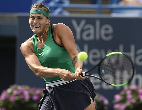 Aryna Sabalenka of Belarus returns a shot against Carla Suarez Navarro of Spain, during the second set in the final match of the Connecticut Open tennis tournament. (Photo | AP)