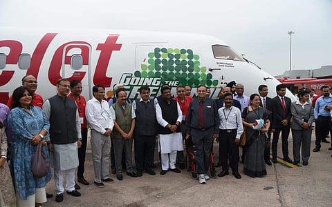 Union Railway minister Suresh Prabhu along with union minister for road transport and highway, Nitin Gadkari, union aviation minister Jayant Sinha, union petroleum minister Dharmendra Pradhan, union minister Harsh Vardhan and CMD of Spice Jet Ajay Singh a