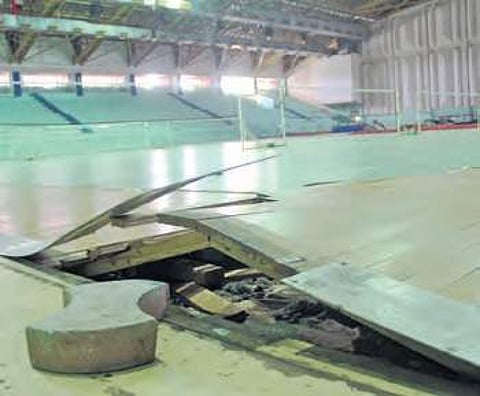 The damaged wooden flooring of Saroor Nagar Stadium | R Satish Babu