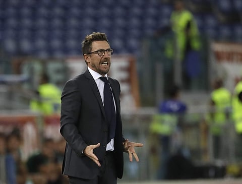 Roma coach Eusebio Di Francesco follows the action during a Serie A soccer match between Roma and Atalanta. | AP