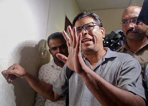 Arun Ferreira a human rights activist and lawyer after he was arrested by the Pune police in connection with Bhima Koregaon violence case in Mumbai on Tuesday . (Photo | PTI)