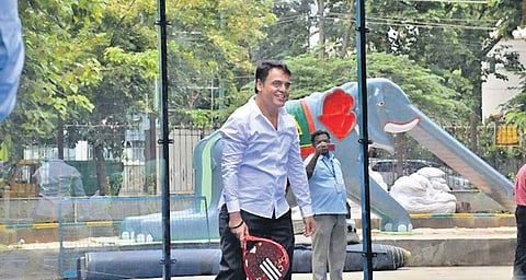 Dr CN Ashwath Narayana playing padel at the Sadashivanagar court he set up
