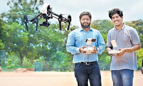 Drone operators during the launch of unmanned aerial system pilot project at GKVK in Bengaluru on Thursday | Pushkar V