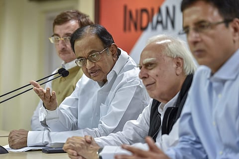 Senior Congress leaders L-R Vivek Tankha P Chidambaram Kapil Sibal and Randeep Singh Surjewala during a press conference in New Delhi on Wednesday, 16 May 2018. | PTI