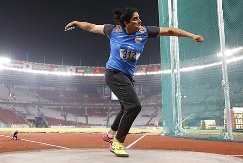 India's Seema Punia competes in the women's discus final during the athletics competition at the 18th Asian Games in Jakarta. (Photo | AP)