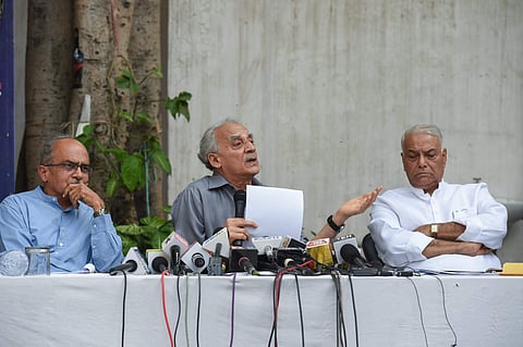 Lawyer Prashant Bhushan with former union ministers Arun Shourie and Yashwant Sinha during a press conference in New Delhi on Aug 8 2018. | PTI