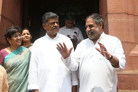 Congress candidate B K Hariprasad with Anand Sharma after filing his nomination for Deputy chairman of Rajya Sabha at Parliament House in New Delhi. (Photo | EPS / Shekhar Yadav)