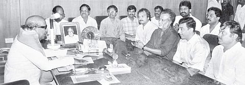 DMK President and Chief Minister M Karunanidhi in a meeting with Tamil film personalities | Express