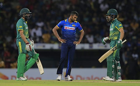 After Hashim Amla made 40 and Jean-Paul Duminy 38, the tourists lost key wickets and went into the final over needing eight runs. (Photo | AP)