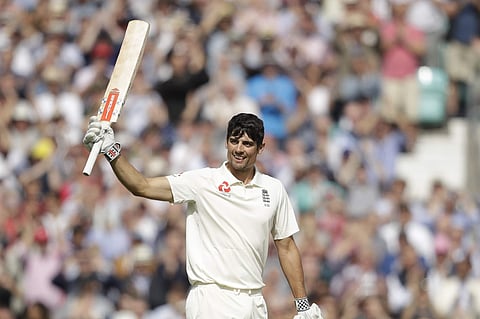 England's Alastair Cook, in his last ever batting innings before retiring from test cricket, celebrates reaching his century during the fifth cricket test match of a five match series between England and India at the Oval cricket ground in London. (AP)