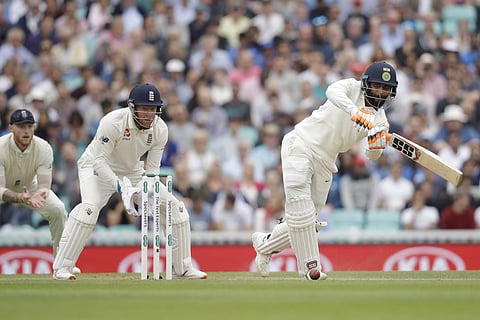 India's Ravindra Jadeja hits a shot during the fifth Test match of a five match series between England and India at the Oval cricket ground in London, Sunday, Sept. 9, 2018. | AP