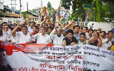 Guwahati Congress in-charge for Assam Harish Rawat and party supporters during 'Bharat Bandh' protest called by Congress and other parties against fuel price hike and depreciation of the rupee in Guwahati Monday Sept 10 2018. (Photo | PTI)