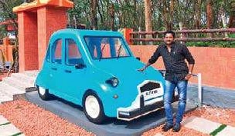 Sculpting out vintage car model in cement