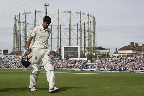 England's Alastair Cook, in his last ever batting innings before retiring from test cricket, walks off the field of play after losing his wicket from the bowling of India's Hanuma Vihari for 147 runs during the fifth cricket test match of a five match ser