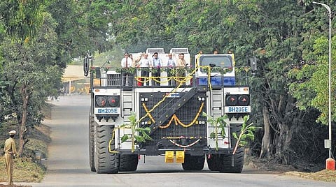 The country’s first 205-tonne electric dump truck in Mysuru on Monday | Express