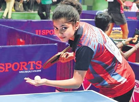 Anannya Basak in action against Manika Batra in Vijayawada on Monday | Express