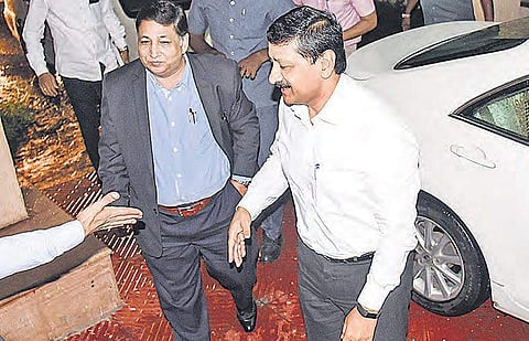 Deputy Election Commissioner Umesh Sinha (left) arrives at the Secretariat for his meeting with Opposition parties, in Hyderabad on Tuesday | Express
