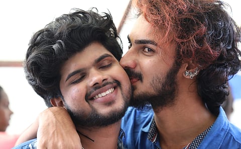 LGBT community members celebrate after Supreme Court decriminalised Sec 377 of the IPC at Marine Drive in Kochi on Thursday (Photo | Melton Antony/EPS)