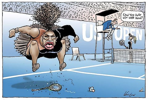 Mark Knight's caricature, published in Melbourne's Herald Sun newspaper on September 10, shows a butch and fat-lipped Williams jumping up and down on her broken racquet at the US Open.(Photo | AFP)