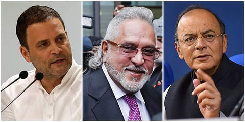 Congress chief Rahul Gandhi, fugitive liquor baron Vijay Mallya and Union Finance Minister Arun Jaitley (Photos | Agencies)