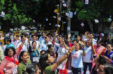 Students raise slogans as they campaign during Delhi University elections in New Delhi Sept 12 2018. (Photo | PTI)