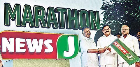 Chief Minister Edappadi K Palaniswami and Deputy Chief Minister Panneerselvam jointly launch ‘News J’ TV channel in Chennai on Wednesday | P Jawahar